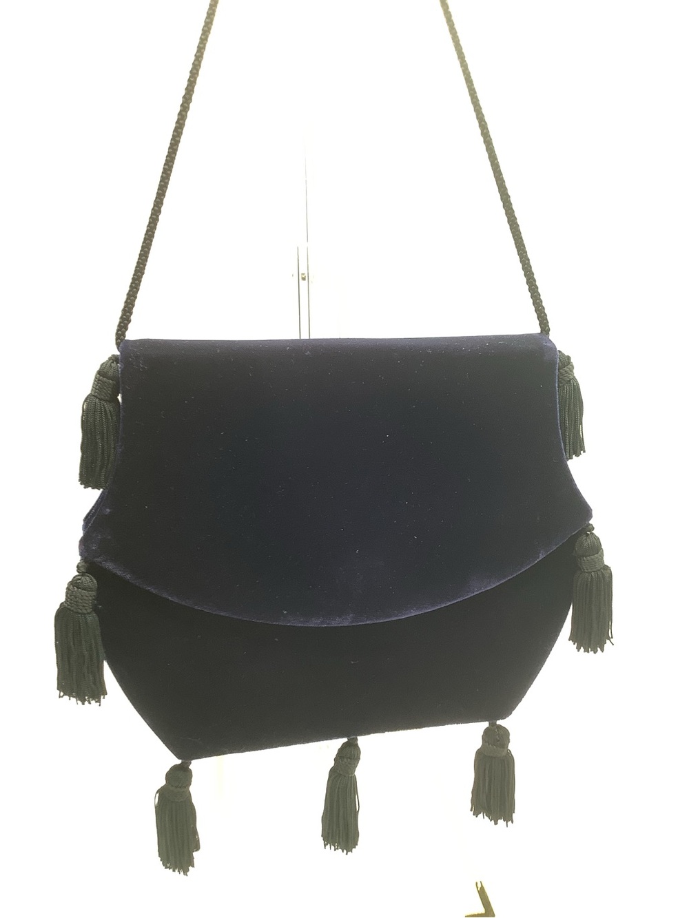 Yves Saint Laurent Blue Velvet Flap Bag with Black Tassels and Cord Strap - Picture 4 of 10